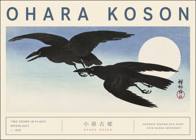 Ohara Koson Two Crows in Flight, Moonlight No3 - Poster