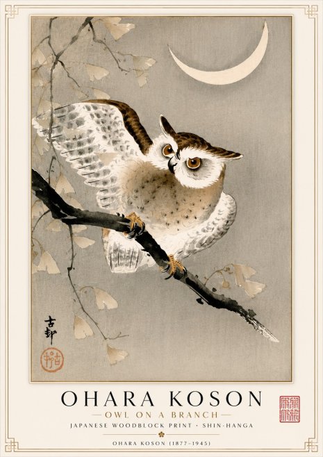 Ohara Koson Owl and Crescent Moon No2 - Poster