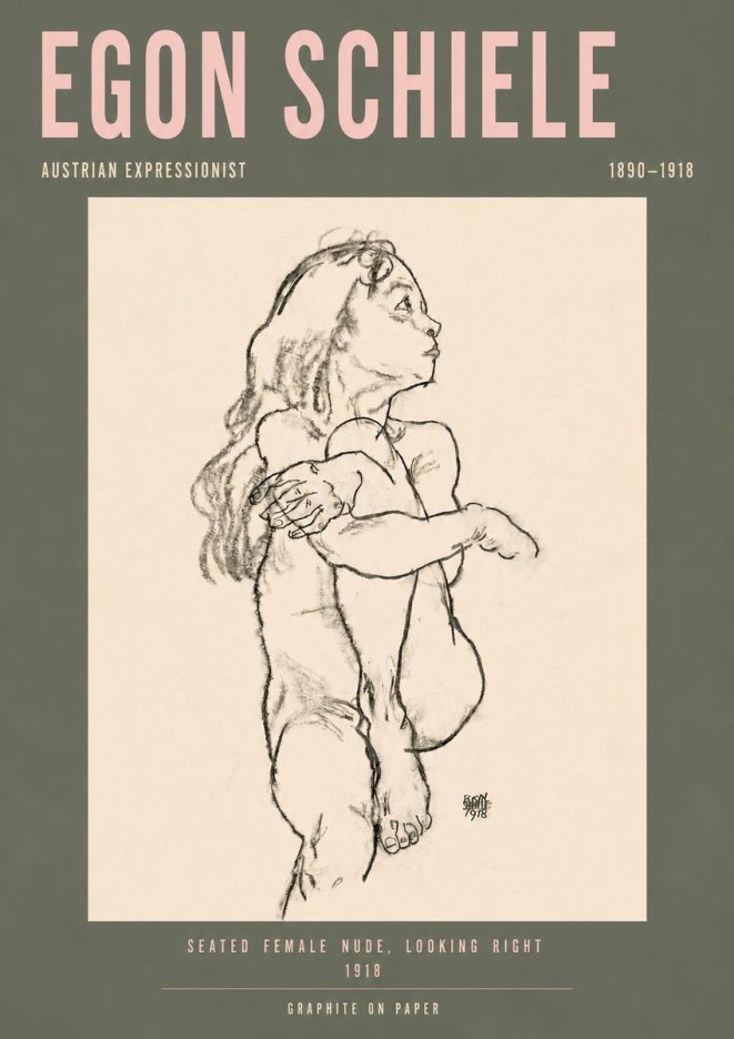 Schiele Seated Female Nude, Looking Right No4 - Poster