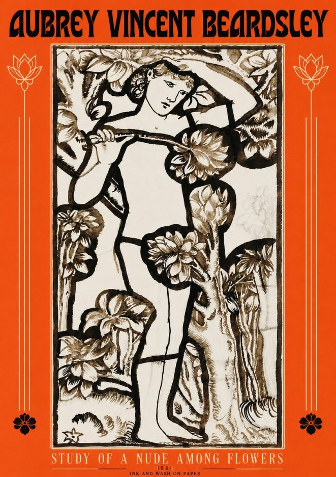 Aubrey Beardsley Study of a Nude Among Flowers No3 - Poster