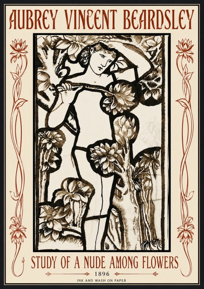 Aubrey Beardsley Study of a Nude Among Flowers No6 - Poster