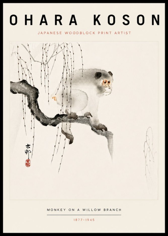 Ohara Koson Monkey on a Willow Branch No3 - Poster