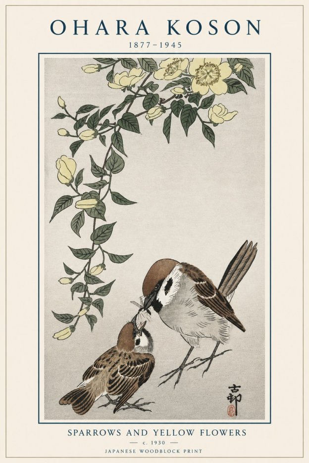 Ohara Koson Sparrows and Yellow Flowers No4 - Poster