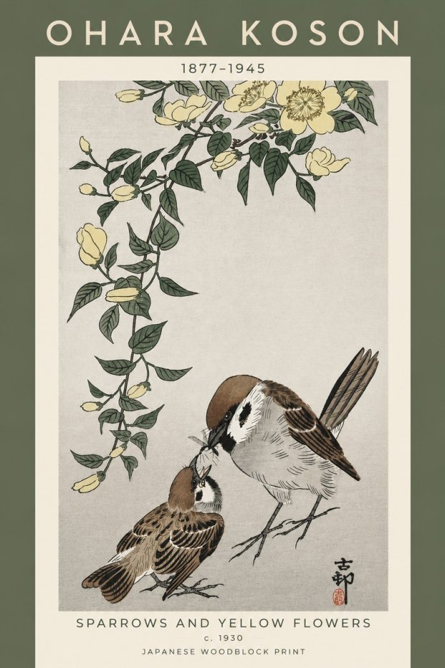 Ohara Koson Sparrows and Yellow Flowers No5 - Poster