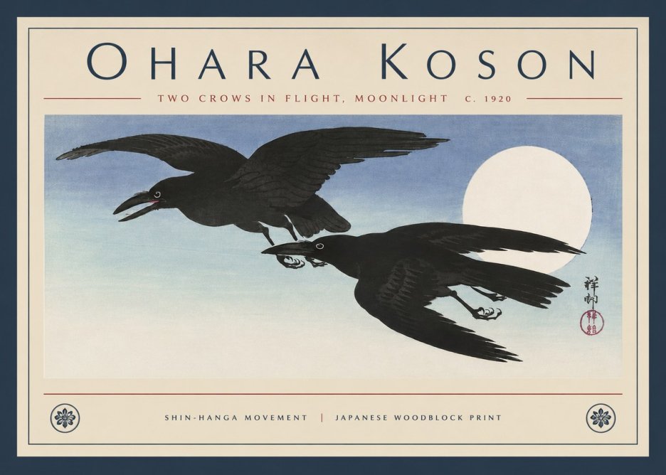 Ohara Koson Two Crows in Flight, Moonlight No4 - Poster