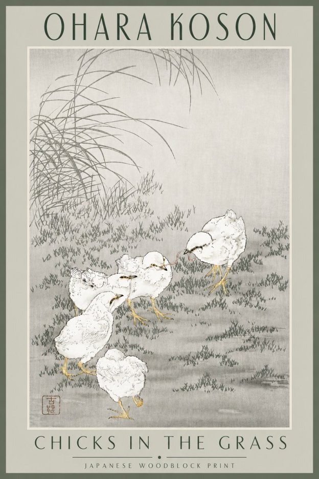 Ohara Koson Chicks in the Grass No3 - Poster