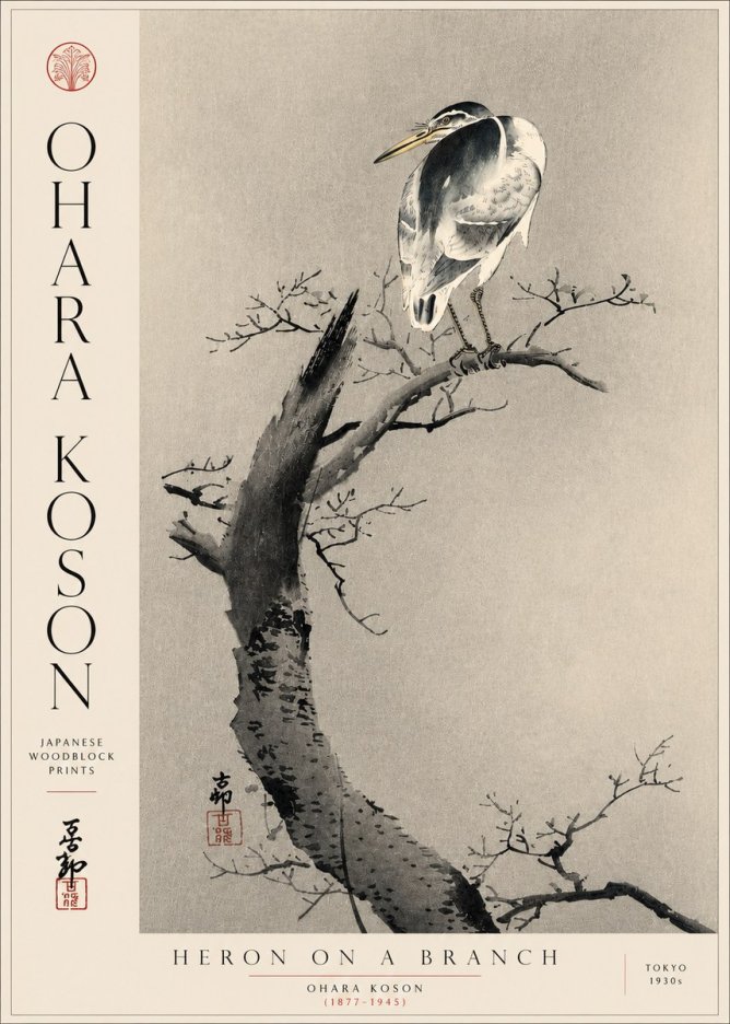 Ohara Koson Heron on a Branch No5 - Poster
