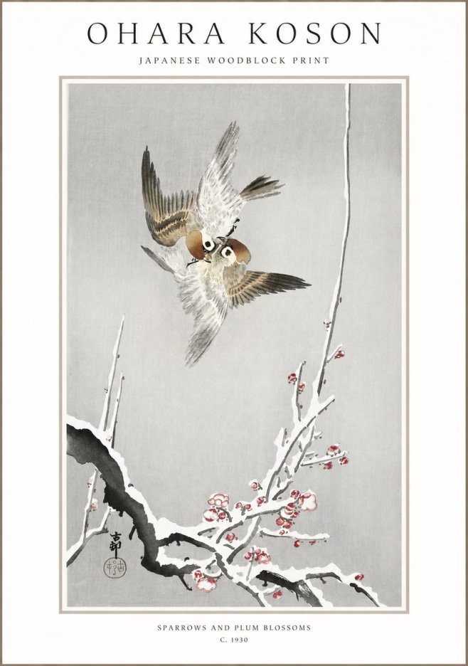 Ohara Koson Sparrows and Plum Blossoms No1 - Poster