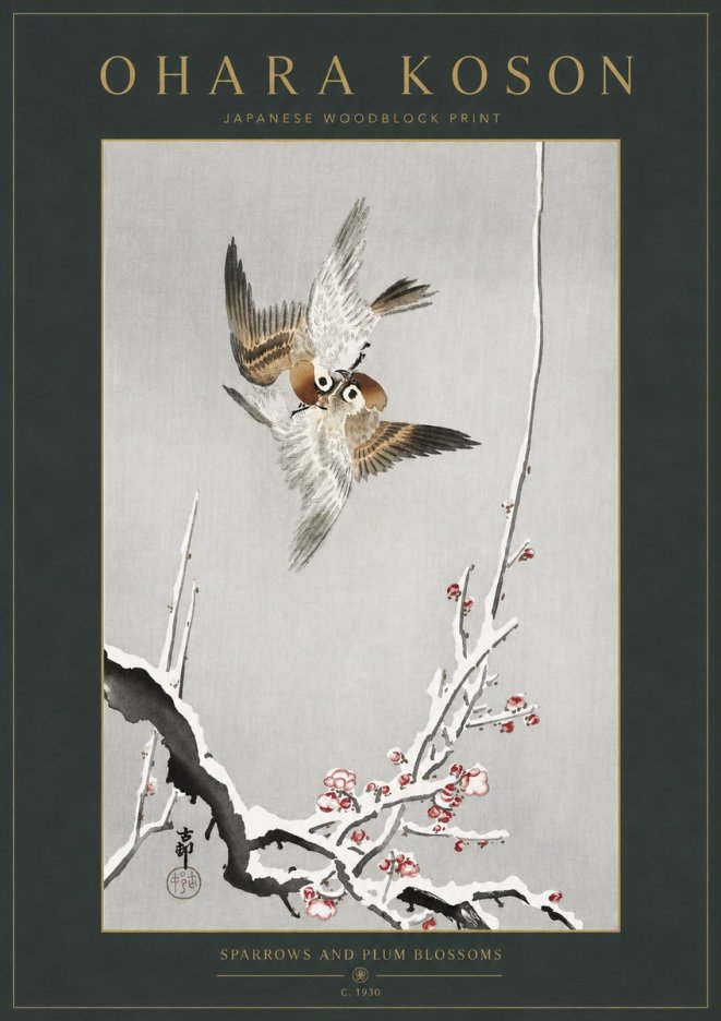 Ohara Koson Sparrows and Plum Blossoms No3 - Poster