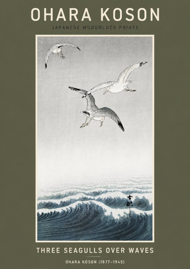 Ohara Koson Three Seagulls over Waves No3 - Poster