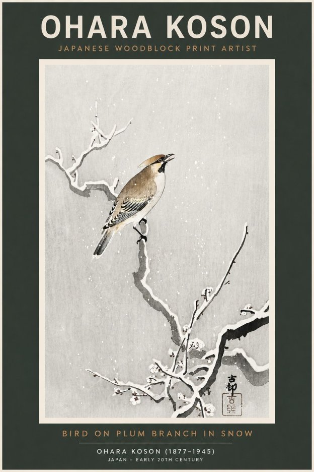 Ohara Koson Bird on Plum Branch in Snow No2 - Poster