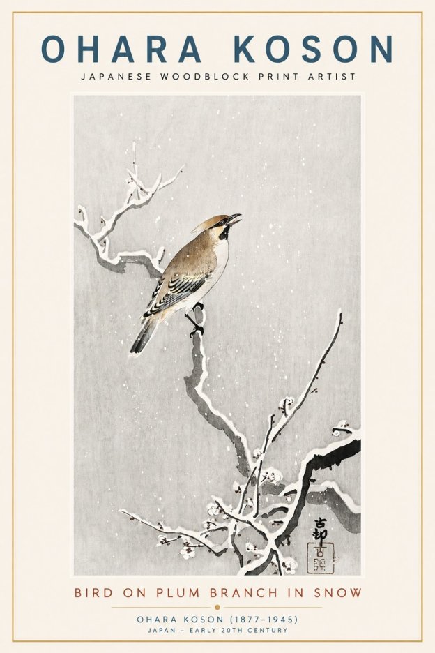 Ohara Koson Bird on Plum Branch in Snow No3 - Poster