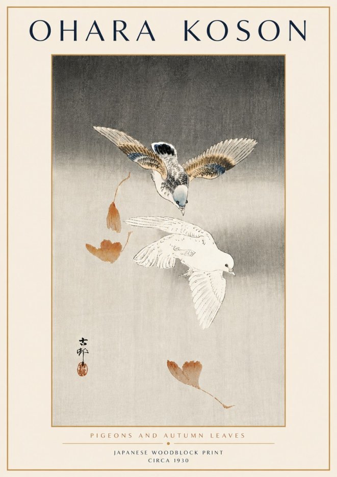 Ohara Koson Pigeons and Autumn Leaves No6 - Poster