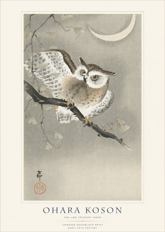 Ohara Koson Owl and Crescent Moon No1 - Poster