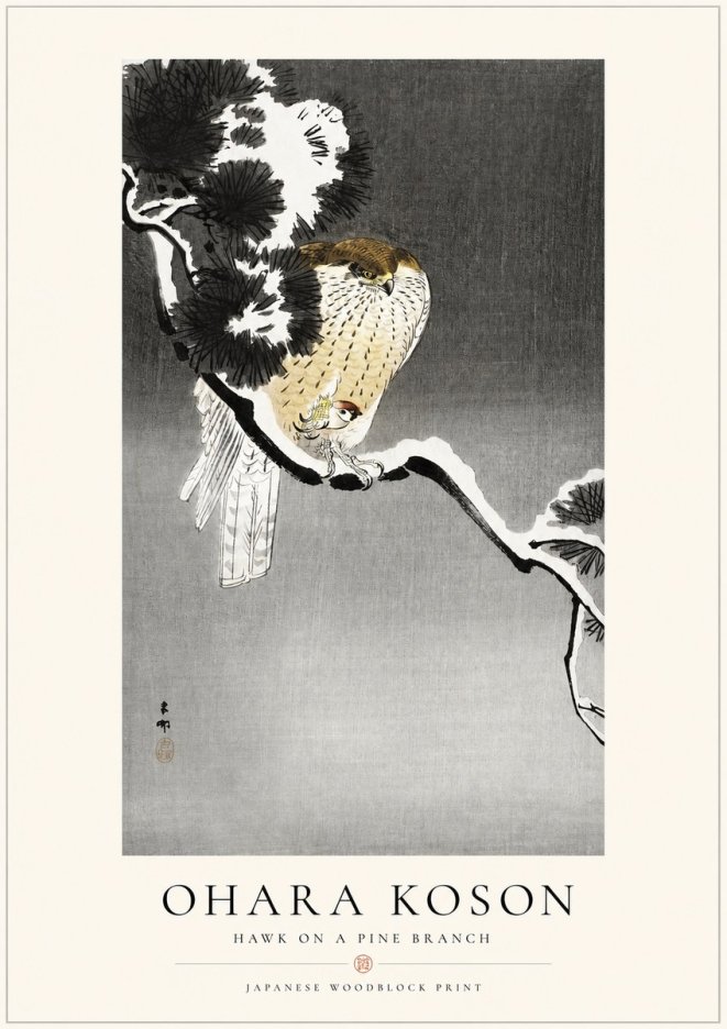 Ohara Koson Hawk on a Pine Branch No1 - Poster