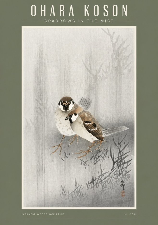 Ohara Koson Sparrows in the Mist No4 - Poster