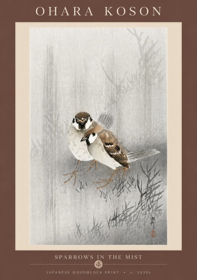 Ohara Koson Sparrows in the Mist No5 - Poster