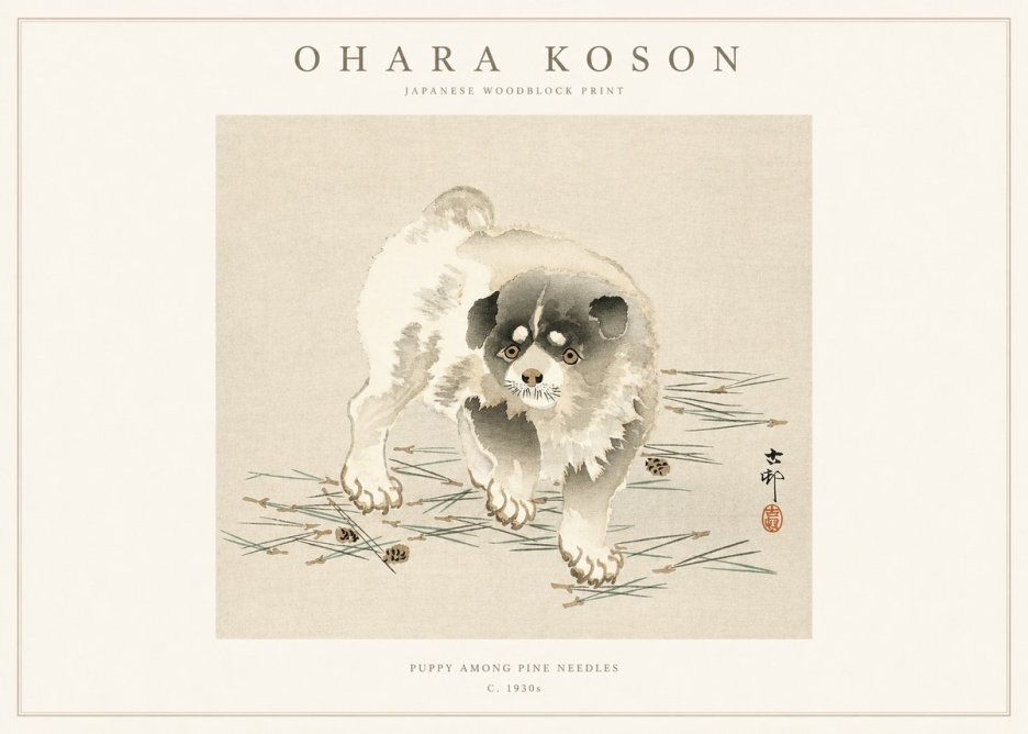 Ohara Koson Puppy Among Pine Needles No1 - Poster