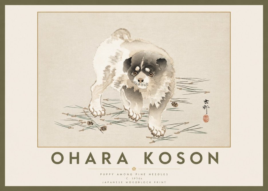 Ohara Koson Puppy Among Pine Needles No2 - Poster