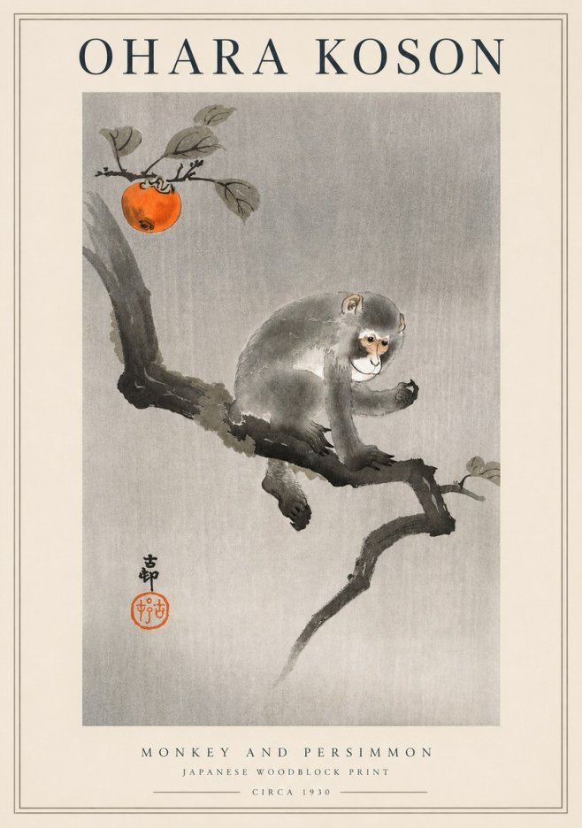 Ohara Koson Monkey and Persimmon No3 - Poster