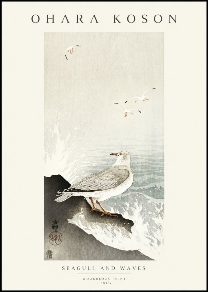 Ohara Koson Seagull and Waves No1 - Poster