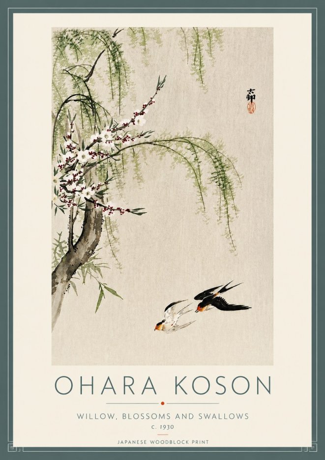 Ohara Koson Willow, Blossoms and Swallows No4 - Poster