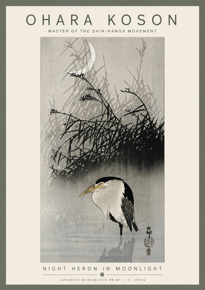 Ohara Koson Night Heron in Moonlight No6 - Poster
