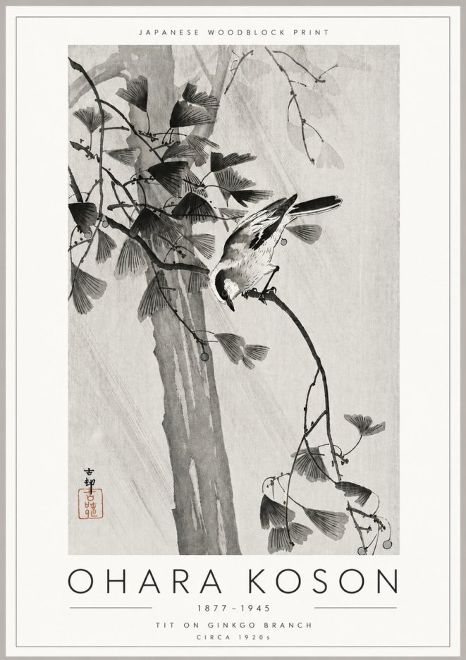 Ohara Koson Tit on Ginkgo Branch No6 - Poster