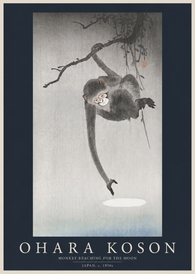 Ohara Koson Monkey Reaching for the Moon No2 - Poster