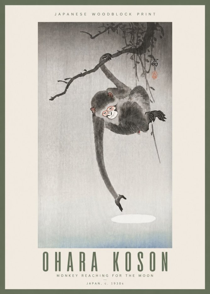 Ohara Koson Monkey Reaching for the Moon No3 - Poster