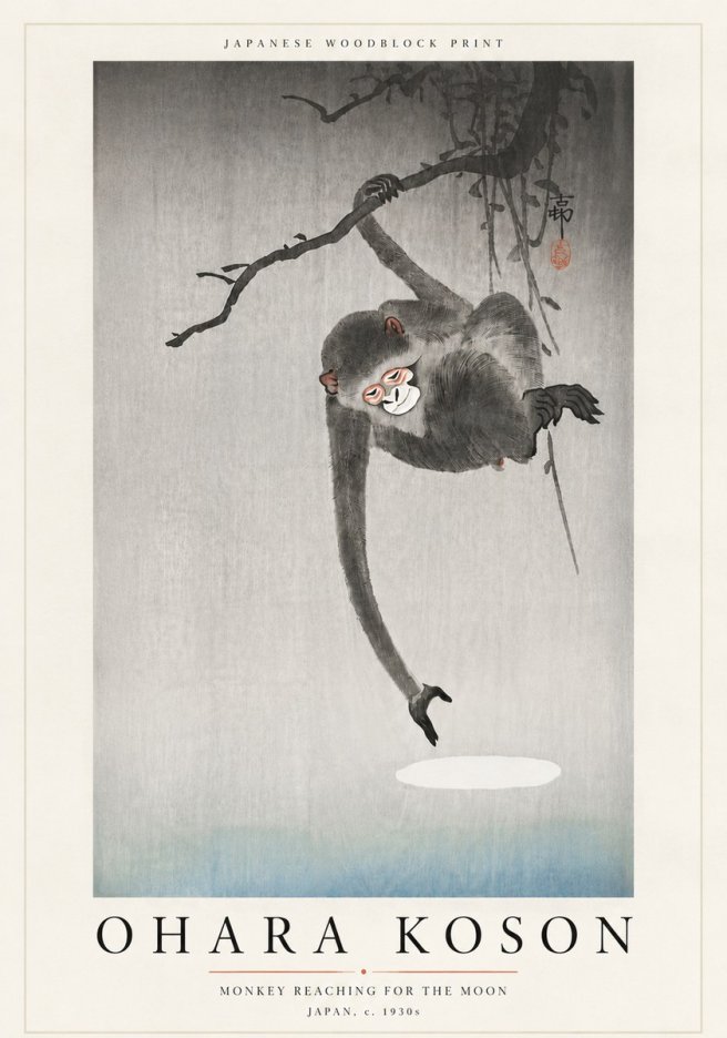 Ohara Koson Monkey Reaching for the Moon No6 - Poster