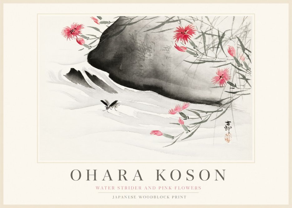 Ohara Koson Water Strider and Pink Flowers No1 - Poster