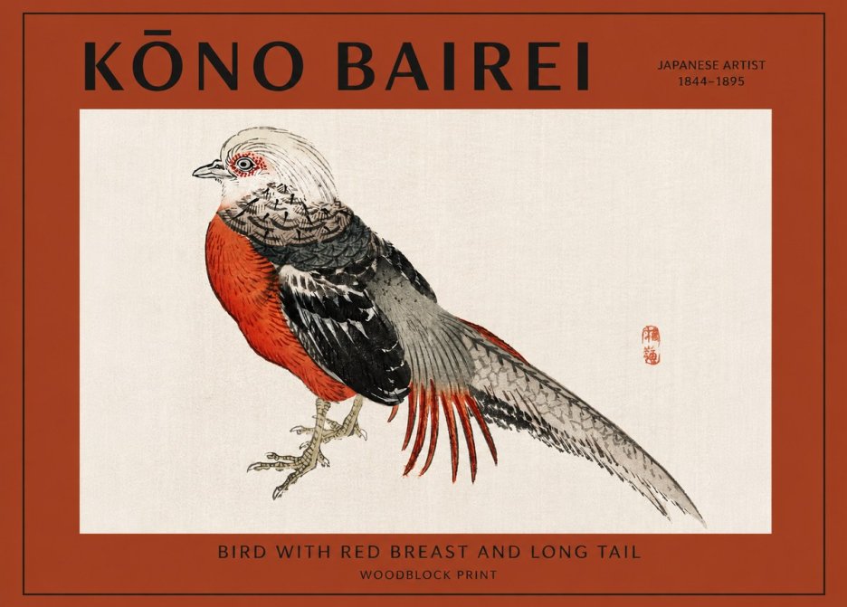 Kōno Bairei Bird with Red Breast and Long Tail No2 - Poster
