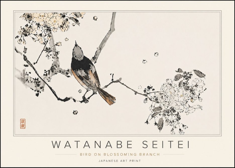 Watanabe Seitei Bird on Blossoming Branch No5 - Poster