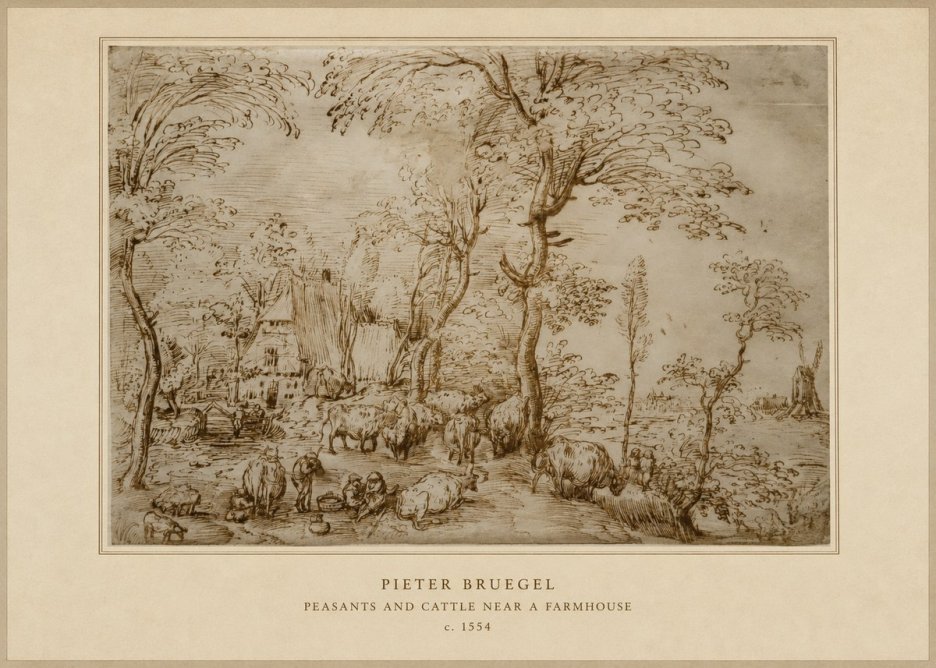 Pieter Bruegel Peasants and Cattle Near a Farmhouse No4 - Poster