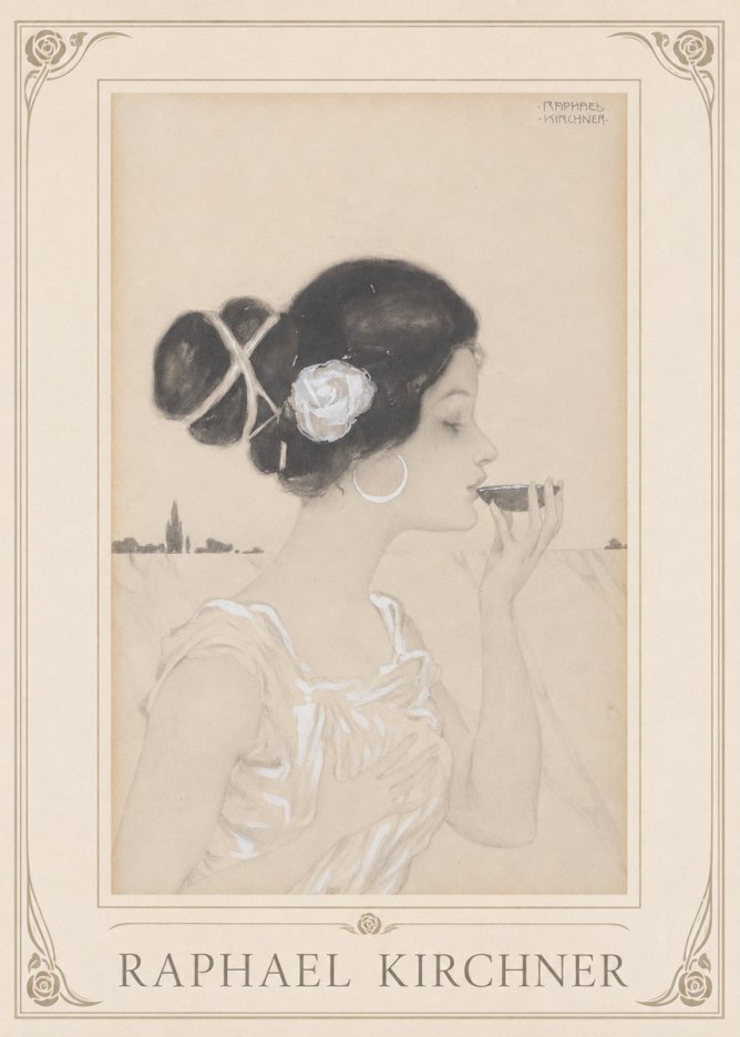 Raphael Kirchner Elegant Lady with Rose and Cup No1 - Poster