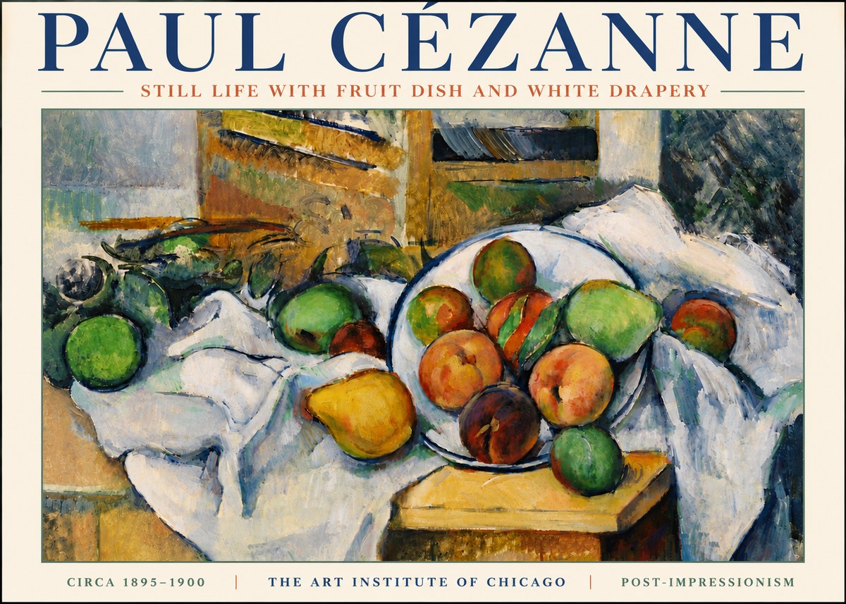 Paul Cézanne Still Life with Fruit Dish and White Drapery No6 - Poster