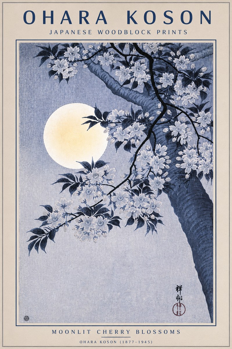 Ohara Koson Moonlit Cherry Blossoms No4 - Poster