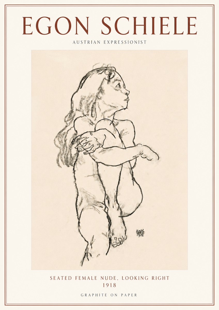 Schiele Seated Female Nude, Looking Right No3 - Poster