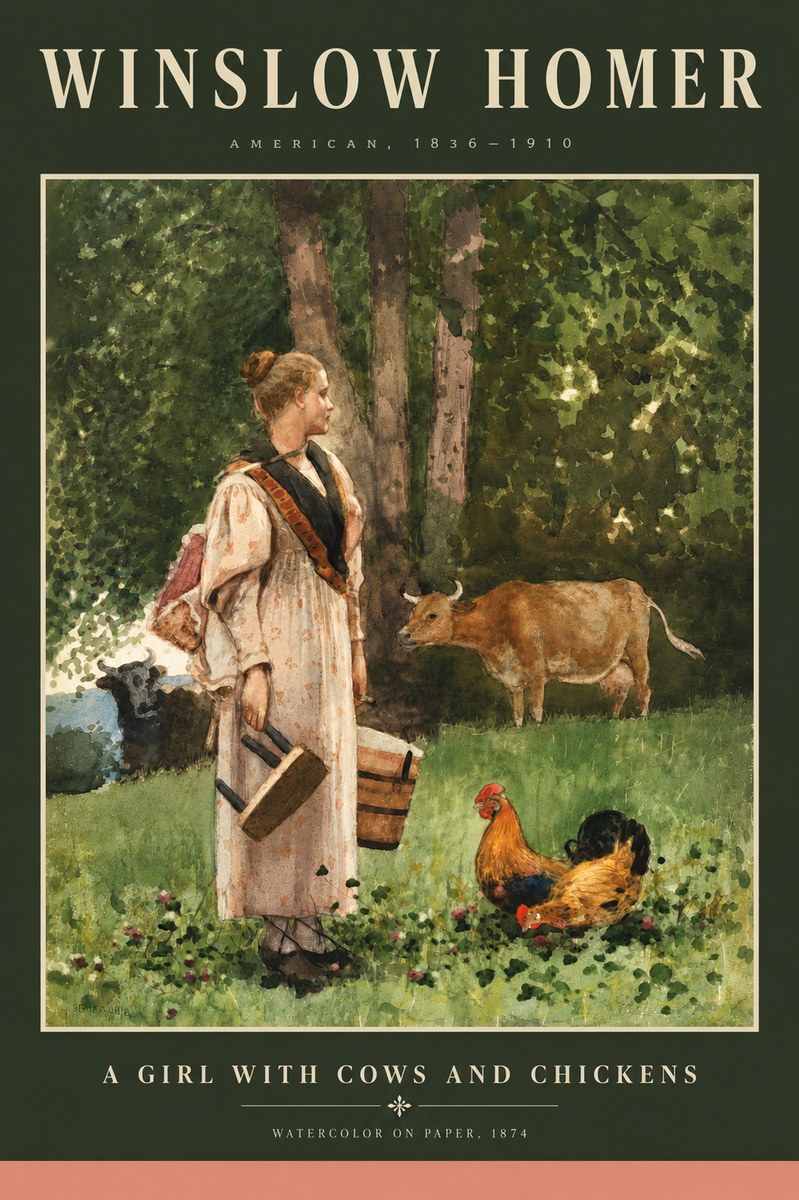 Winslow Homer A Girl with Cows and Chickens No5 - Poster