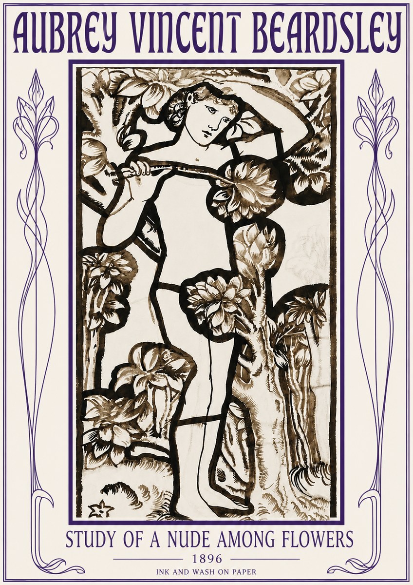 Aubrey Beardsley Study of a Nude Among Flowers No5 - Poster