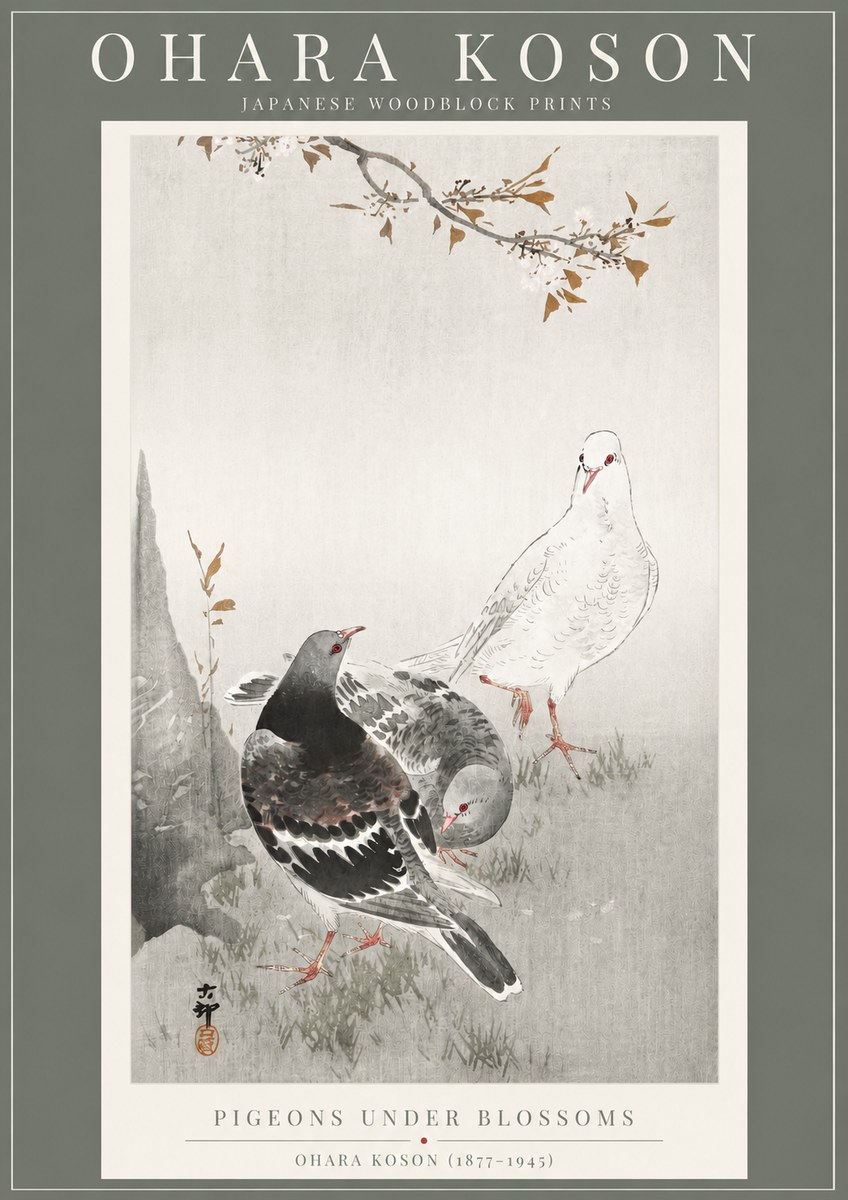 Ohara Koson Pigeons Under Blossoms No2 - Poster