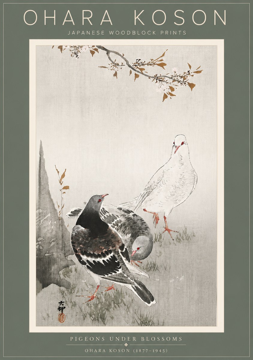 Ohara Koson Pigeons Under Blossoms No5 - Poster