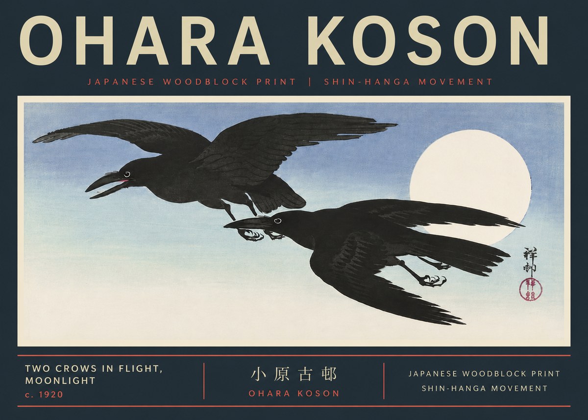 Ohara Koson Two Crows in Flight, Moonlight No6 - Poster