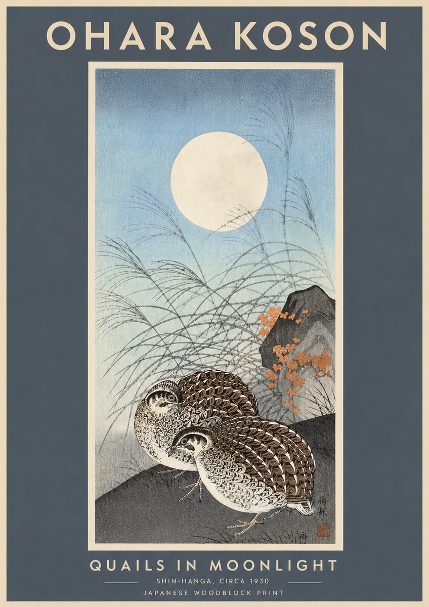 Ohara Koson Quails in Moonlight No6 - Poster