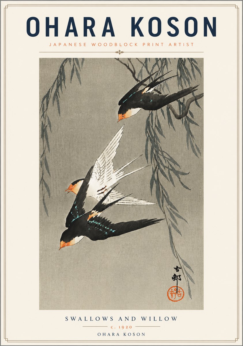 Ohara Koson Swallows and Willow II No6 - Poster