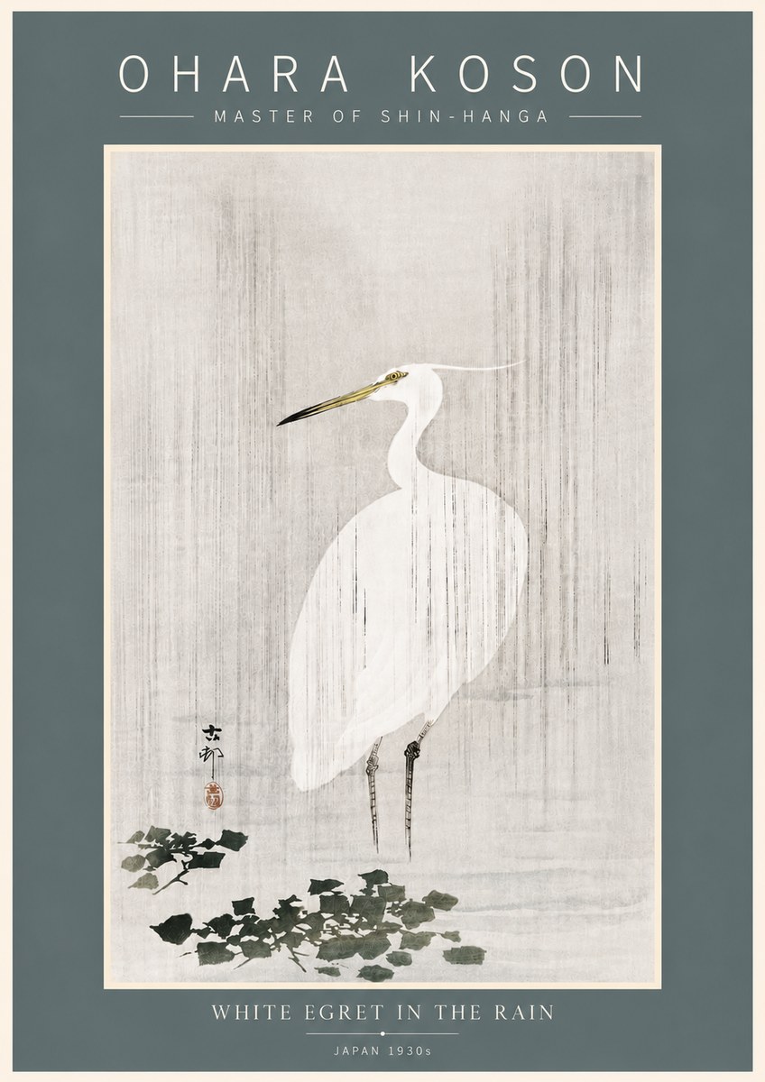 Ohara Koson White Egret in the Rain No5 - Poster