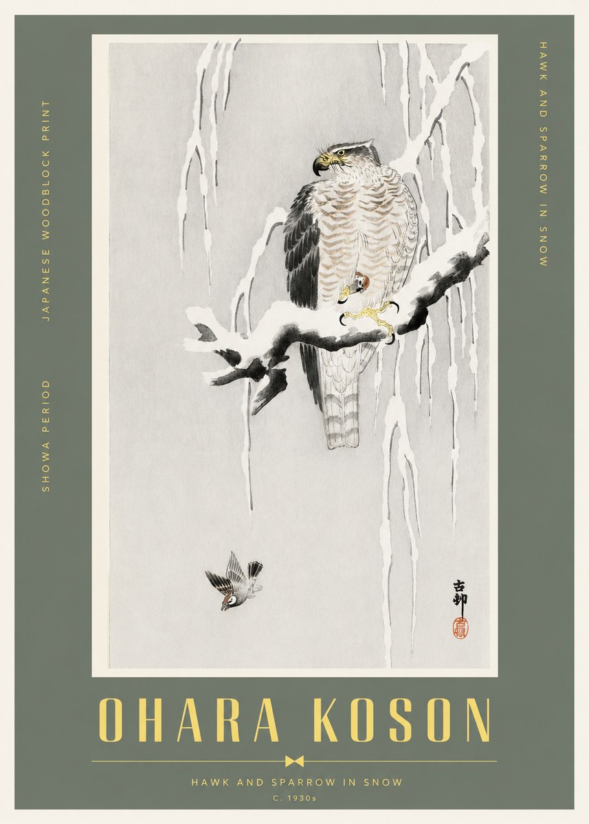 Ohara Koson Hawk and Sparrow in Snow No2 - Poster