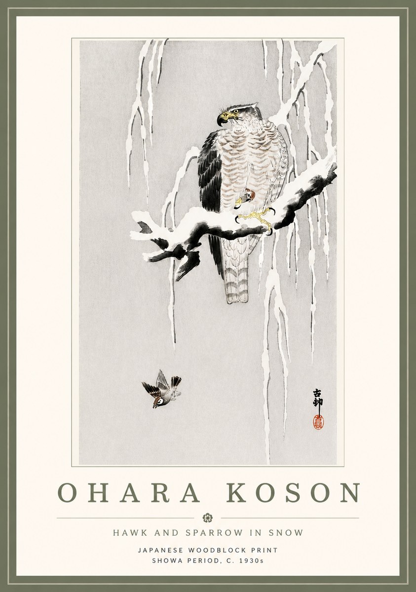 Ohara Koson Hawk and Sparrow in Snow No5 - Poster