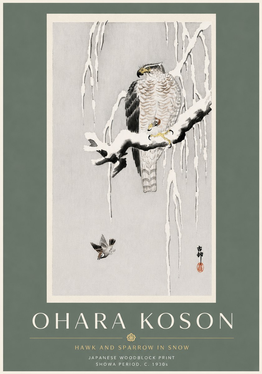 Ohara Koson Hawk and Sparrow in Snow No6 - Poster